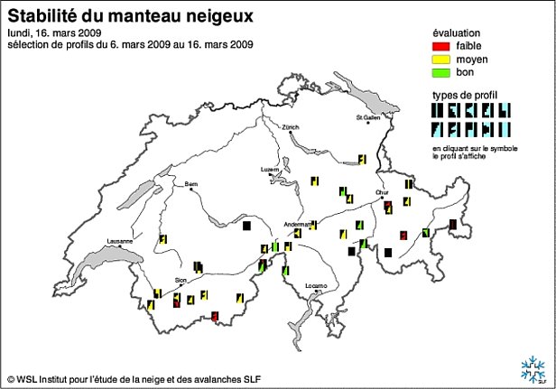 Figures 18 et 19: Cartes de stabilité du manteau neigeux de début mars (en haut) et de la mi-mars 2009 (en bas).