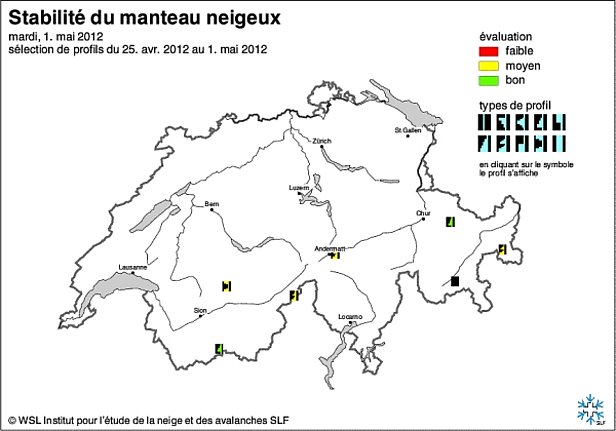 Figures 15: Cartes de stabilité du manteau neigeux de la mi-avril (en haut) et de fin avril ou début mai 2012 (en bas).