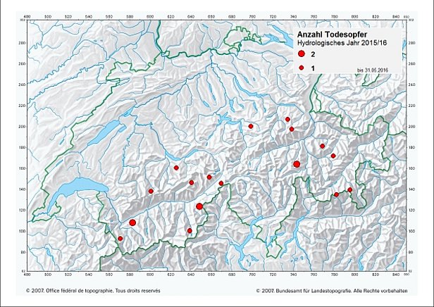 Abb. 32: Lawinenunfälle im Winter 2015/2016, Stand 31. Mai 2016 (Kartenbasis: Copyright 2007, Bundesamt für Landestopografie, alle Rechte vorbehalten).