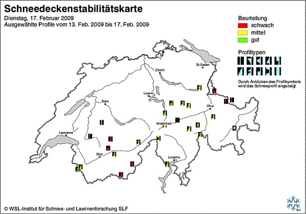 Abb. 16 und Abb. 17: Schneedeckenstabilitätskarten von Anfang (oben) und Mitte (unten) Februar  2009. 