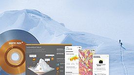 L'immagine mostra un paesaggio montano innevato con due sciatori che risalgono una ripida pista innevata. Inoltre, alcuni screenshot mostrano come la piattaforma di prevenzione “White Risk” si sia evoluta negli ultimi 20 anni da CD-ROM ad app.
