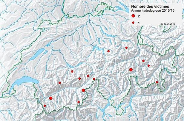 Figure 2: Accidents d'avalanche au cours de l'hiver 2015/16, situation au 30 avril 2016 (base de la carte: copyright 2007, Office fédéral de topographie, tous droits réservés).