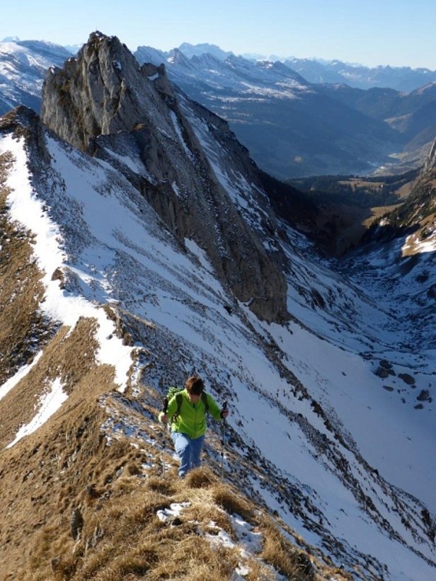 Abb. 2: Gratwanderung am Mutschen 2122 m.ü.M. (Alpstein) zwischen Sonne und Schatten. Während auf der Sonnenseite alles hart und dürr war, erinnerten auf der Schattenseite einige Schneeflecken, alles pickelhart  gefroren, dass Silvester bevorstand. Die Schneegrenze lag hier schattseitig bei 1600 m.ü.M. (Foto: P. Diener, 30.12.2016).