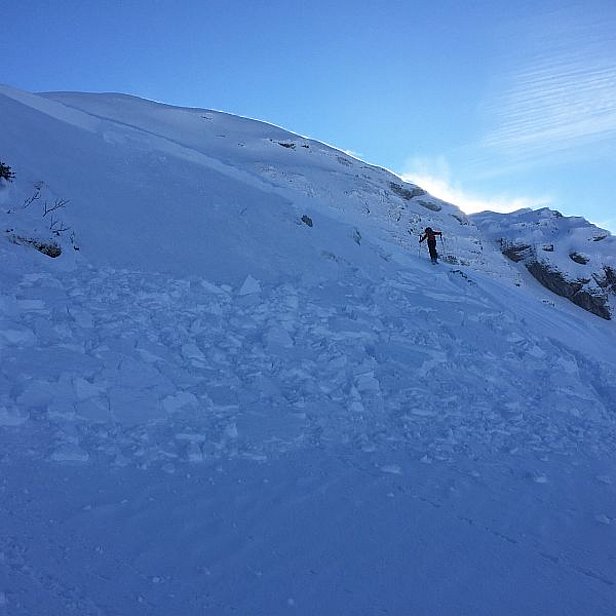Abb. 6: Lawinenauslösungen im frischen Triebschnee wie hier im Aufstieg zum Pfannenstock, Muotathal, SZ auf 1920 m (Südwesthang) gab es am Samstag, 25.02. einige (Foto: T. v. Rickenbach).
