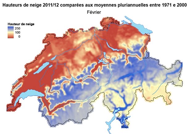 Figure 2: Hauteurs de neige comparées aux moyennes pluriannuelles (1971-2000) en janvier 2012 (en haut) et en février 2012 (en bas).