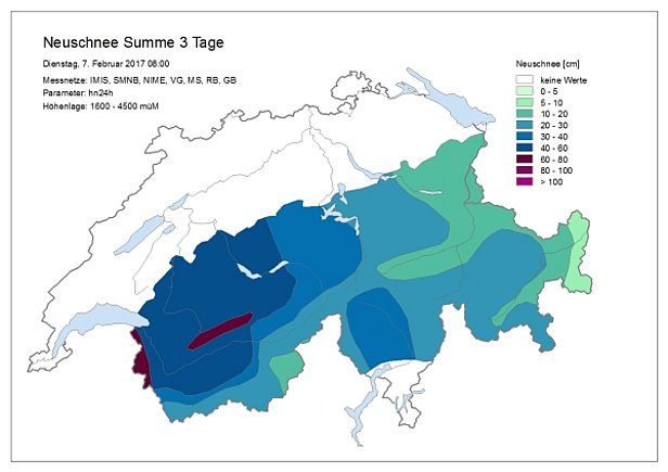 Abb. 5: 3-Tages-Neuschneesumme von Samstagmorgen, 04.02. bis Dienstagmorgen, 07.02., gemessen von den Beobachtern und berechnet an den automatischen IMIS-Stationen.