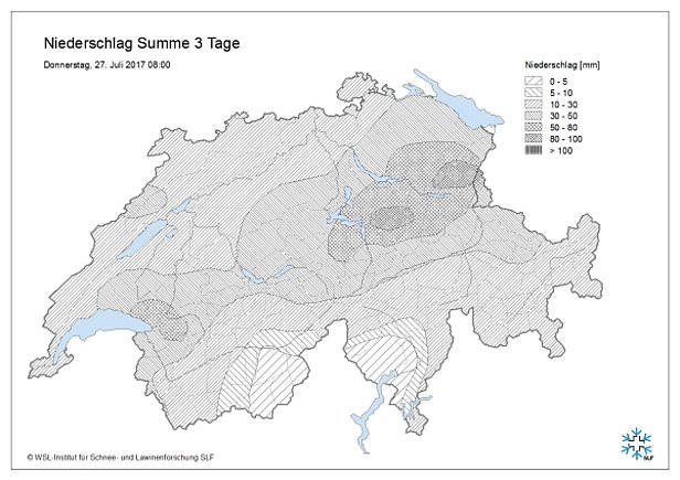 Abb. 7: Niederschlagssumme vom Montag-, 24.07. bis Donnerstagmorgen, 27.07. gemessen an den automatischen Stationen von MeteoSchweiz und SLF. Oberhalb von rund 3500 m entsprach ein Millimeter Regen etwa einem Zentimeter Schnee.