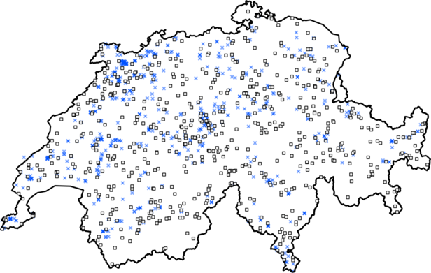 Parcelle campione della Lista Rossa (quadrati) e missioni di conferma delle specie rare (croci)