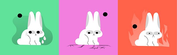 Cartoon: Drei weiße Kaninchen mit schwarzen Augen vor grüner, pinker und oranger Fläche, jeweils mit unterschiedlichem Hintergrund