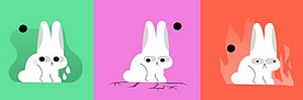 Cartoon: Drei weiße Kaninchen mit schwarzen Augen vor grüner, pinker und oranger Fläche, jeweils mit unterschiedlichem Hintergrund