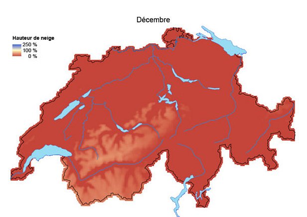 Figure 7: Hauteurs de neige comparées aux moyennes pluriannuelles (1971-2000) en novembre 2015 (en haut) et en décembre 2015 (en bas).