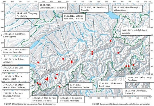 Abb. 18: Übersicht über die Lawinenunfälle mit Todesfolge im Winter 2012/13 (Stand 31.05.2013).
