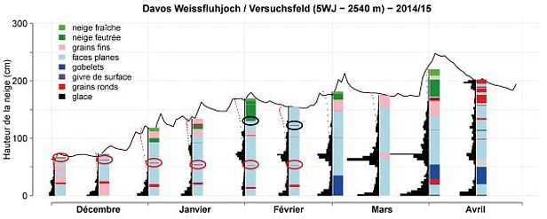 Figure 19: Evolution du manteau neigeux au cours de l’hiver 2014/15 à la station 5WJ, Weissfluhjoch, GR, 2540 m. La figure reprend la hauteur de neige (courbe noire, une mesure par jour), la résistance au battage (barres noires), les formes des grains (cf. légende de la figure) et les températures de la neige (points rouges). La résistance au battage, les formes des grains et les températures de la neige proviennent de relevés de profils de neige (effectués deux fois par mois). Le givre de surface enneigé du mois de février est entouré en noir. La croûte formée par la pluie est entourée en rouge. On voit également clairement que la base du manteau neigeux était dure, bien qu’elle soit constituée de formes de grains ayant subi une métamorphose constructive.