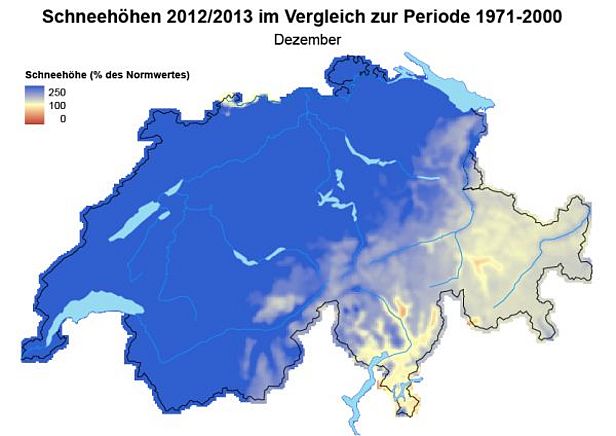 Abb. 1: Schneehöhen im Vergleich zum langjährigen Mittel (1971-2000) im November 2012 (oben) und im Dezember 2012 (unten).