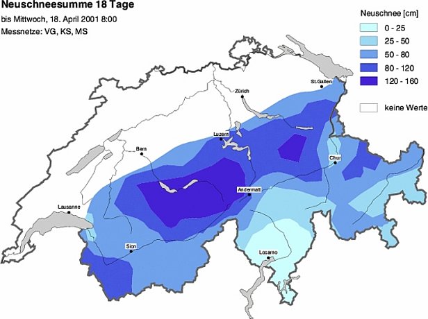 Abb. 32: Neuschneesummen von 1. – 18. 04. 2001. Verbreitet fiel über ein Meter Schnee, in den Nordstaugebieten auch bis 2 m. Jahreszeitbedingt fiel in tieferen Regionen kein Schnee. Das Zentrum der Niederschläge lag am westlichen und zentralen Alpennordhang. Teilweise griffen die Niederschläge aber auch weit nach Süden über. 