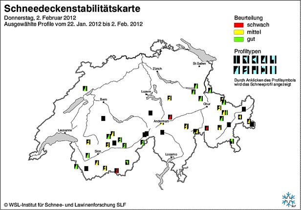Abb. 12: Schneedeckenstabilitätskarten von Mitte Januar (oben) und Ende Januar bzw. Anfang Februar 2012 (unten).
