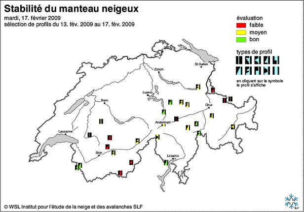 Figures 16 et 17: Cartes de stabilité du manteau neigeux de début février (en haut) et de la mi-février 2009 (en bas).