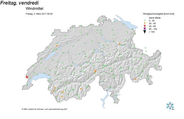Abb. 2: Der Wind war in dieser Wochenberichtsperiode ein wesentlicher, lawinenbestimmender Faktor. Mehrmals erreichte er über längere Zeit Sturmstärke und verfrachtete viel Schnee (Quelle: automatische Stationen der MeteoSchweiz und des SLF).