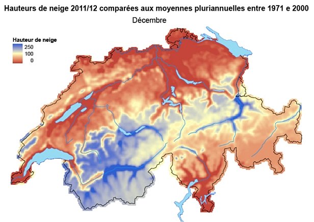 Figure 1: Hauteurs de neige comparées aux moyennes pluriannuelles (1971-2000) en novembre 2011 (en haut) et en décembre 2011 (en bas).