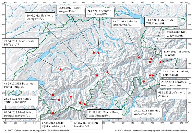 Figure 17: Aperçu des accidents mortels d'avalanche survenus au cours de l’hiver 2011/12 (situation au 31.05.2012). 