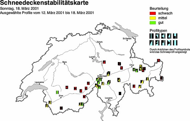 Abb. 28 und Abb. 29: Schneedeckenstabilitätskarten von Anfang (oben) und Mitte (unten) März 2001.