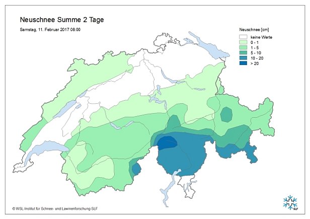 Abb. 4: Am Freitag fielen am Alpensüdhang verbreitet 10 bis 20 cm Schnee, in den oberen Maggiatälern etwas mehr. Quelle: SLF-Beobachter, IMIS-Stationen.