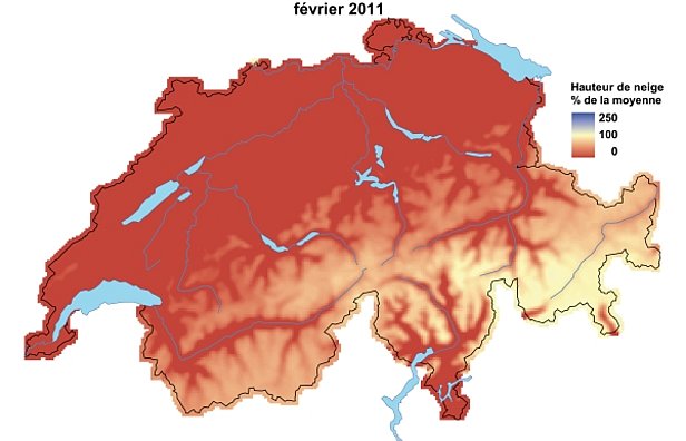 Figures 3 et 4: Hauteurs de neige comparées aux moyennes pluriannuelles en janvier 2011 (en haut) et en février 2011 (en bas).