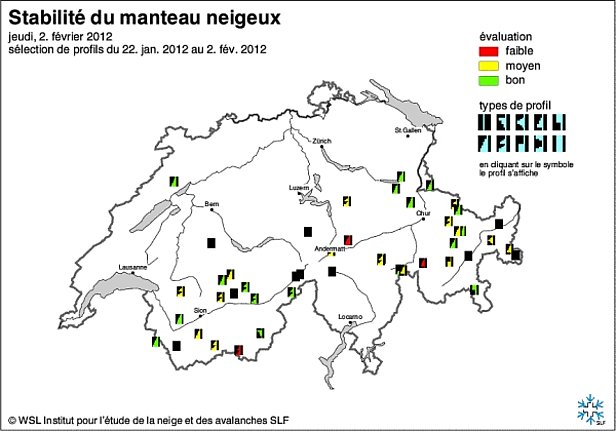 Figure 12: Cartes de stabilité du manteau neigeux de la mi-janvier (en haut) et de fin janvier ou début février 2012 (en bas).