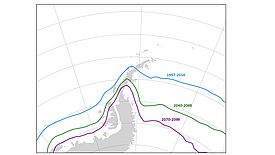 Sergi Gonzàlez-Herrero hat berechnet, wie weit sich die Isotherme um die Antarktis in den kommenden Jahrzehnten Richtung Süden verschieben wird. (Grafik: Sergi Gonzàlez-Herrero / SLF)